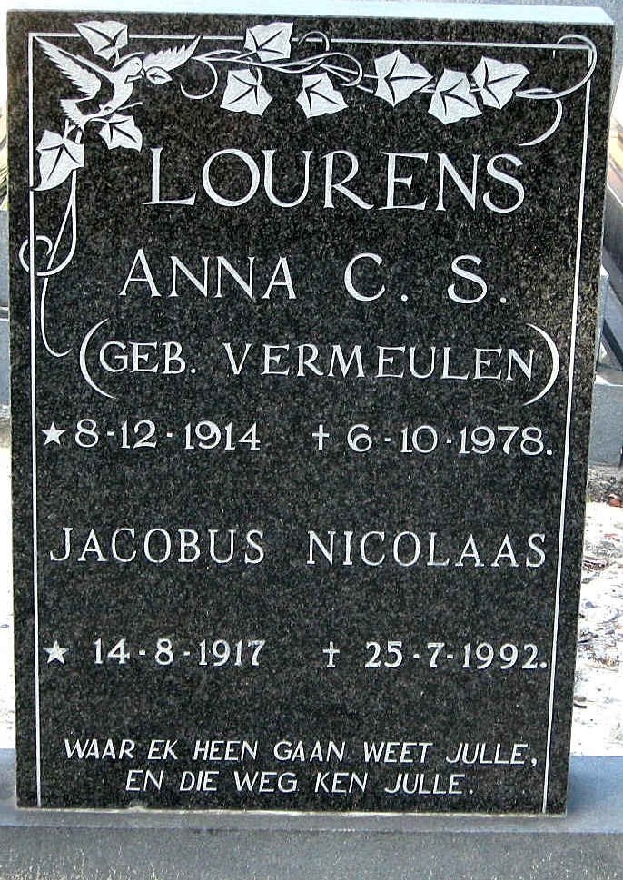 LOURENS Jacobus Nicolaas 1917-1992 &amp; Anna C.S. VERMEULEN 1914-1978