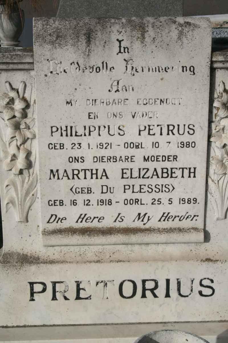 PRETORIUS Philippus Petrus 1921-1980 &amp; Martha Elizabeth DU PLESSIS 1918-1989
