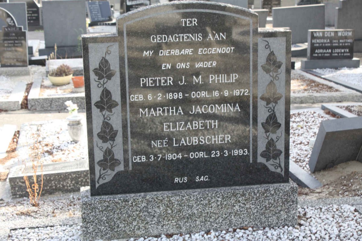 PHILIP Pieter J. 1898-1972 &amp; Martha Jacomina Elizabeth LAUBSCHER 1904-1993