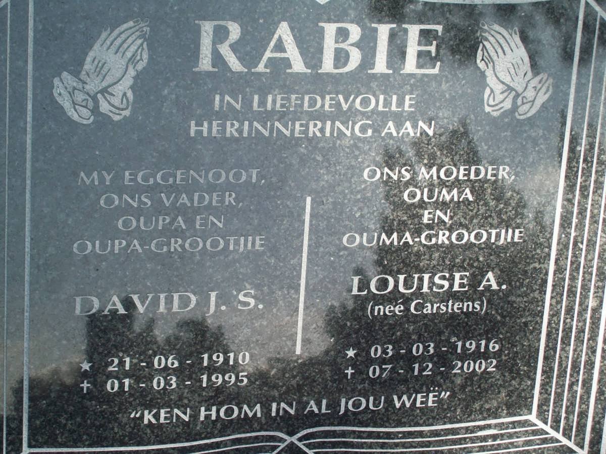 RABIE David J.S. 1910-1995 &amp; Louise A. CARSTENS 1916-2002