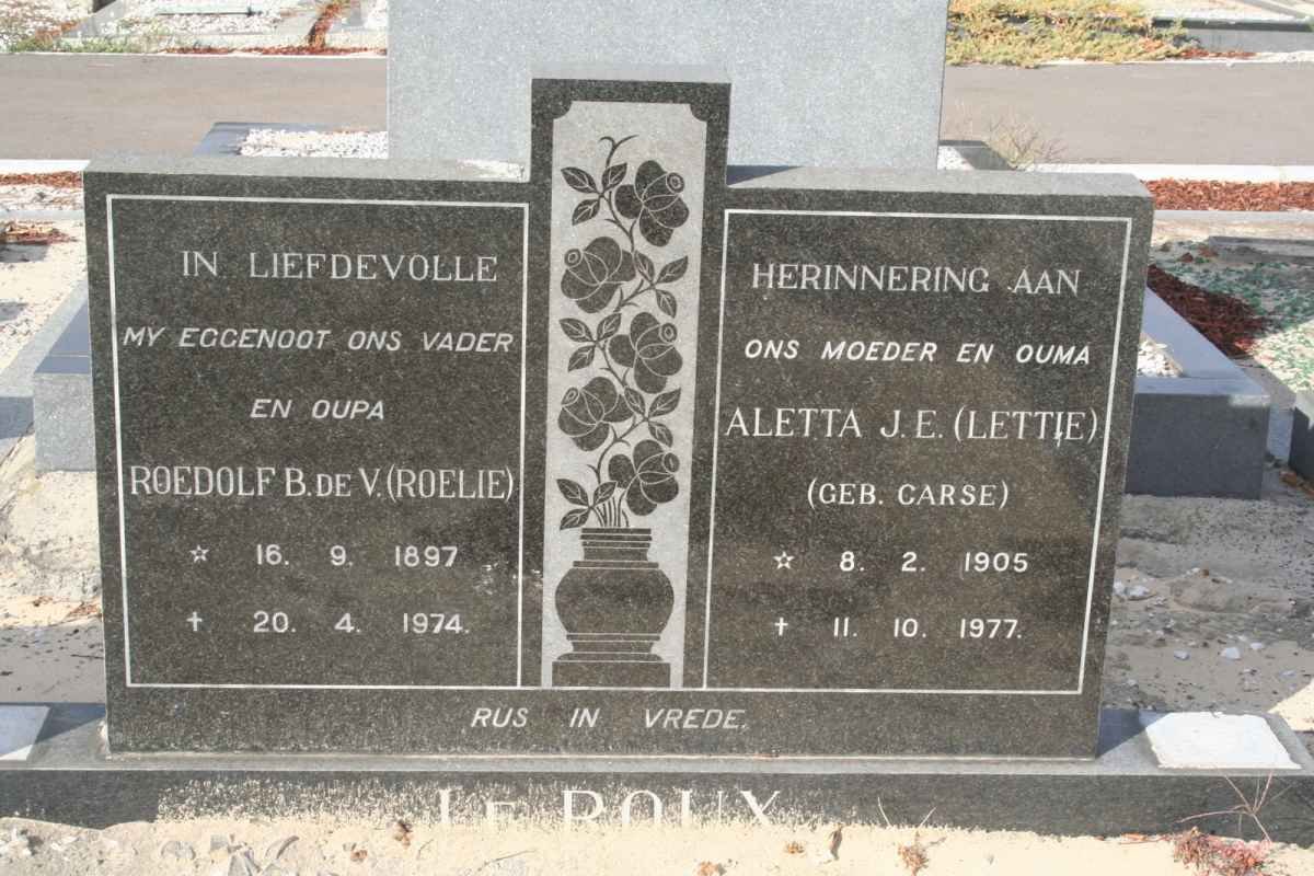 ROUX Roedolf B. de V., le 1897-1974 &amp; Aletta J.E. CARSE 1905-1977