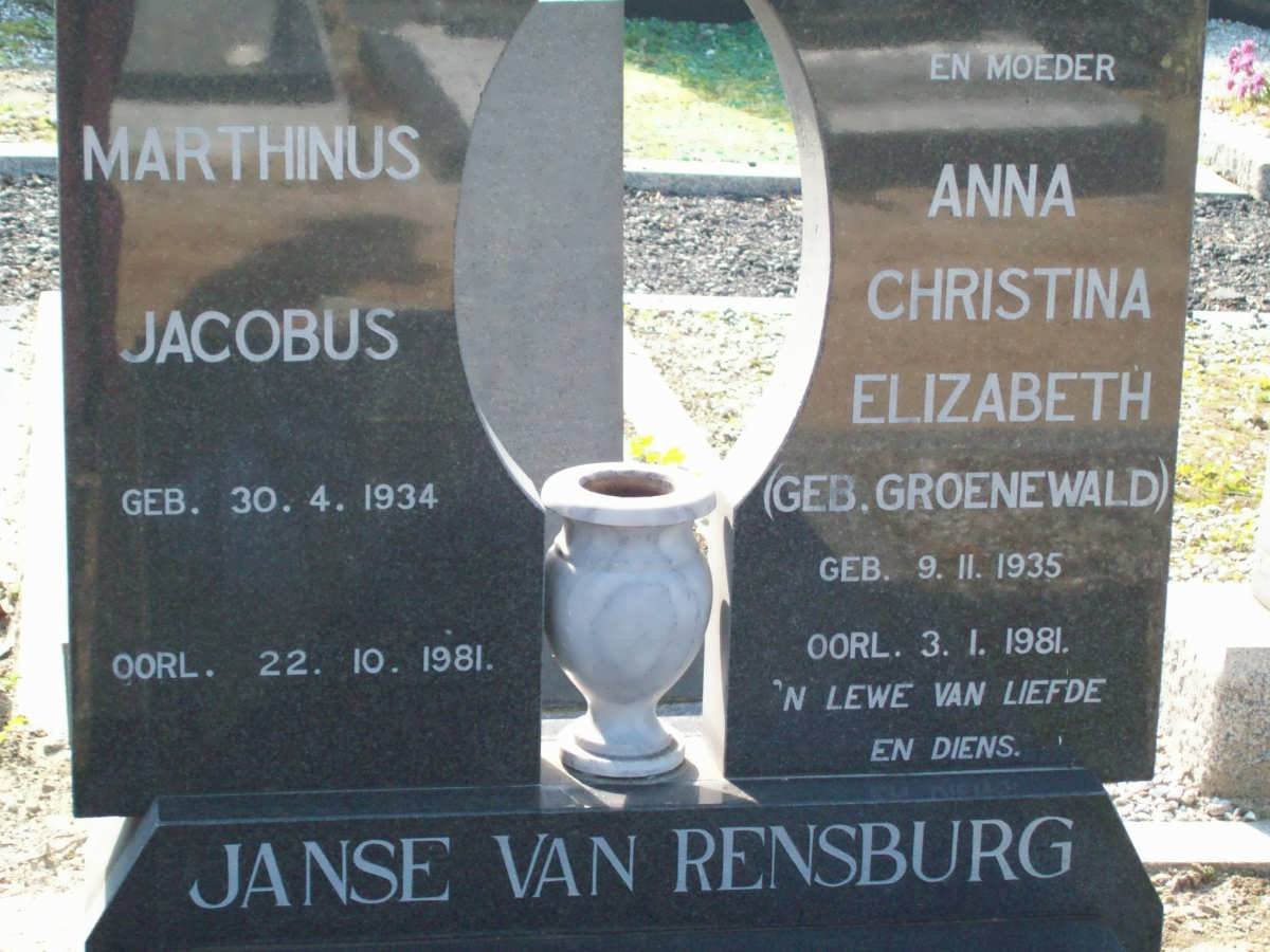 RENSBURG Mathinus Jacobus, Janse van 1934-1981 &amp; Anna Christina Elizabeth GROENEWALD 1935-1981