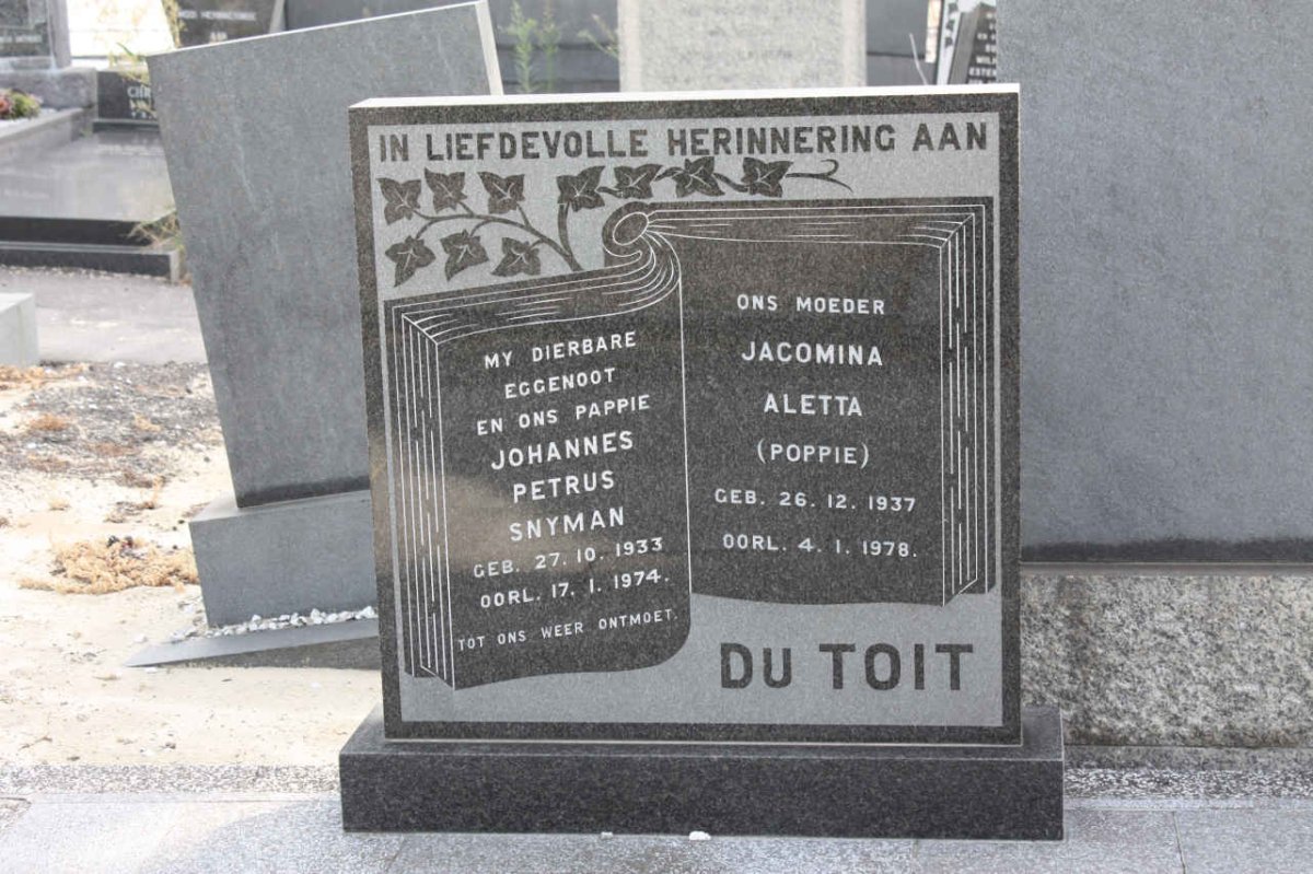 TOIT Johannes Petrus Snyman, du 1933-1974 &amp; Jacomina Aletta 1937-1978