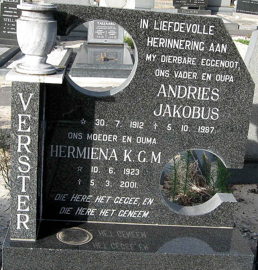 VERSTER Andries Jakobus 1912-1987 &amp; Hermiena K.G.M. 1923-2001