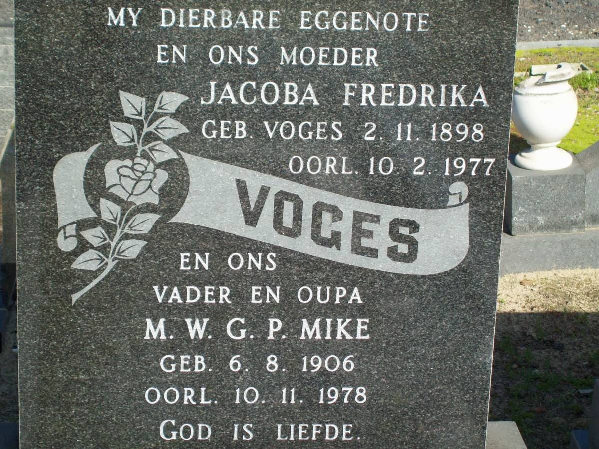 VOGES M.W.G.P. 1906-1978 &amp; Jacoba Frederika  VOGES 1898-1977