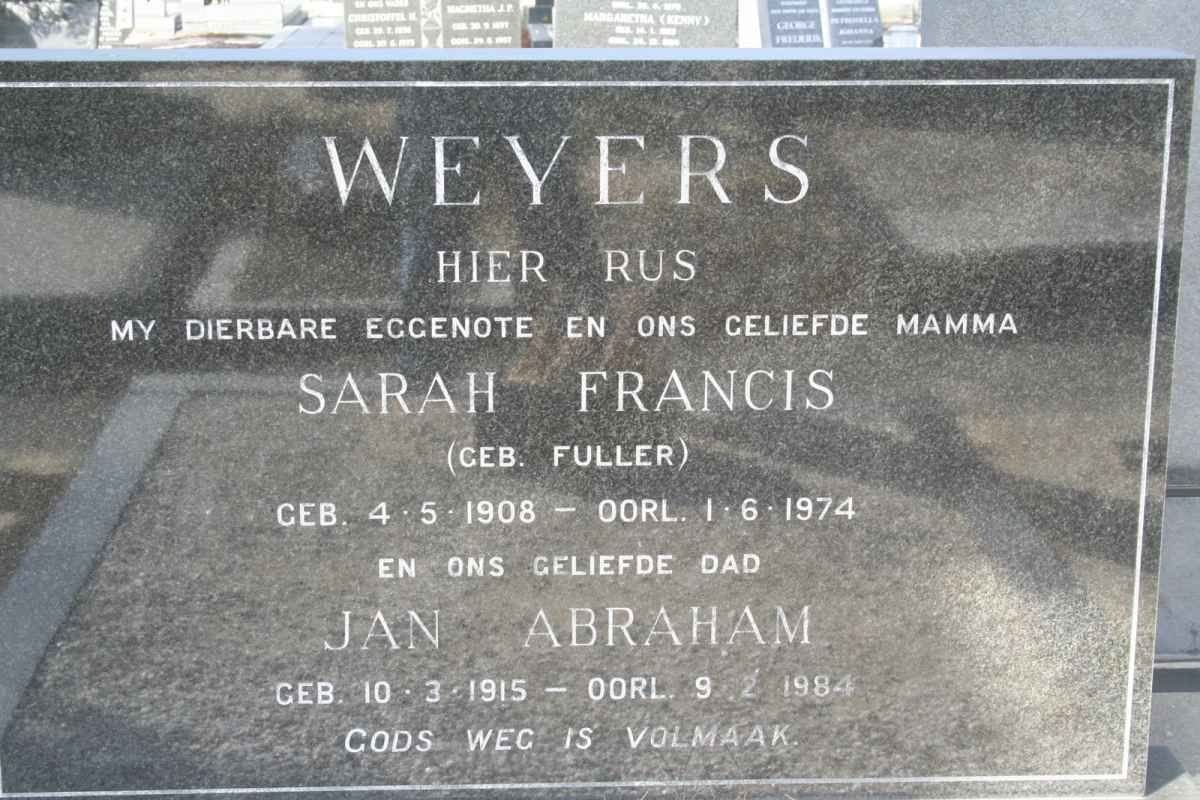 WEYERS Jan Abraham 1915-1984 &amp; Sarah Francis FULLER 1908-1974