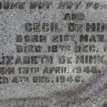 MINK Andrew, de -1936 :: DE MINK Valeria 192?-1941 :: DE MINK Cecil 191?-1940 :: DE MINK Elizabeth 1946-1946 