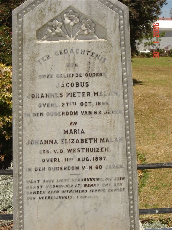 MALAN Jacobus Johannes Pieter -1899 &amp; Maria Johanna Elizabeth  V.D WESTHUIZEN -1897
