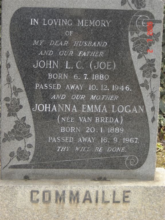 COMMAILLE John L.C. 1880-1946 &amp; Johanna Emma Logan VAN BREDA 1889-1967