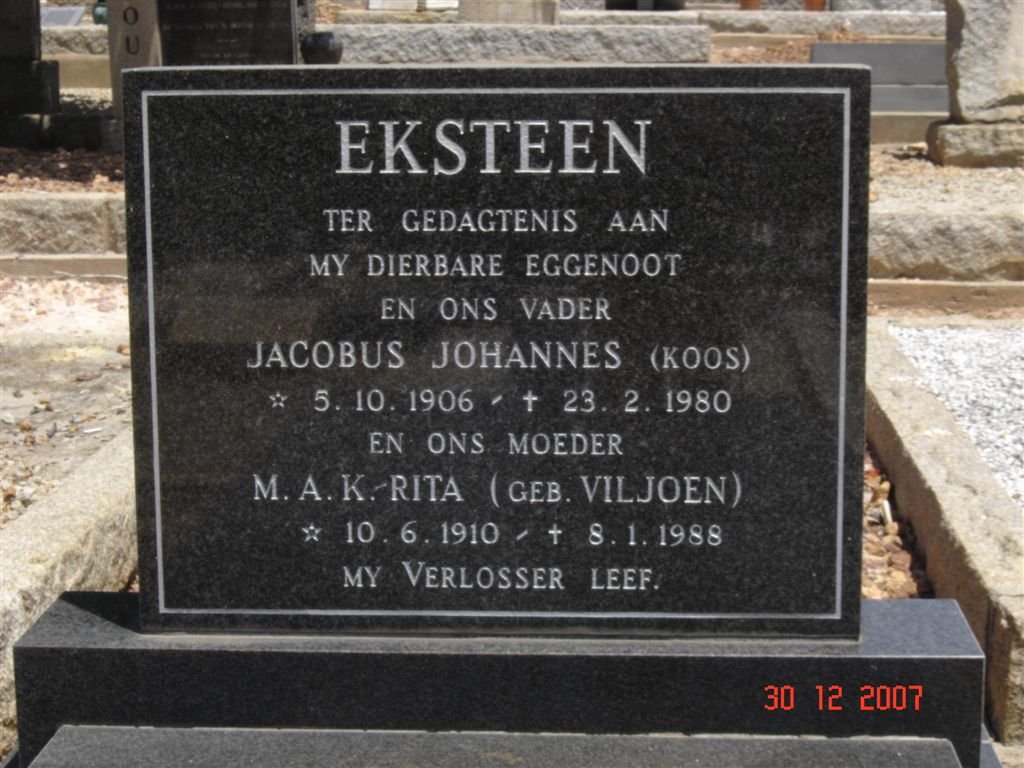 EKSTEEN Jacobus Johannes 1906-1980 &amp; M.A.K. VILJOEN 1910-1988