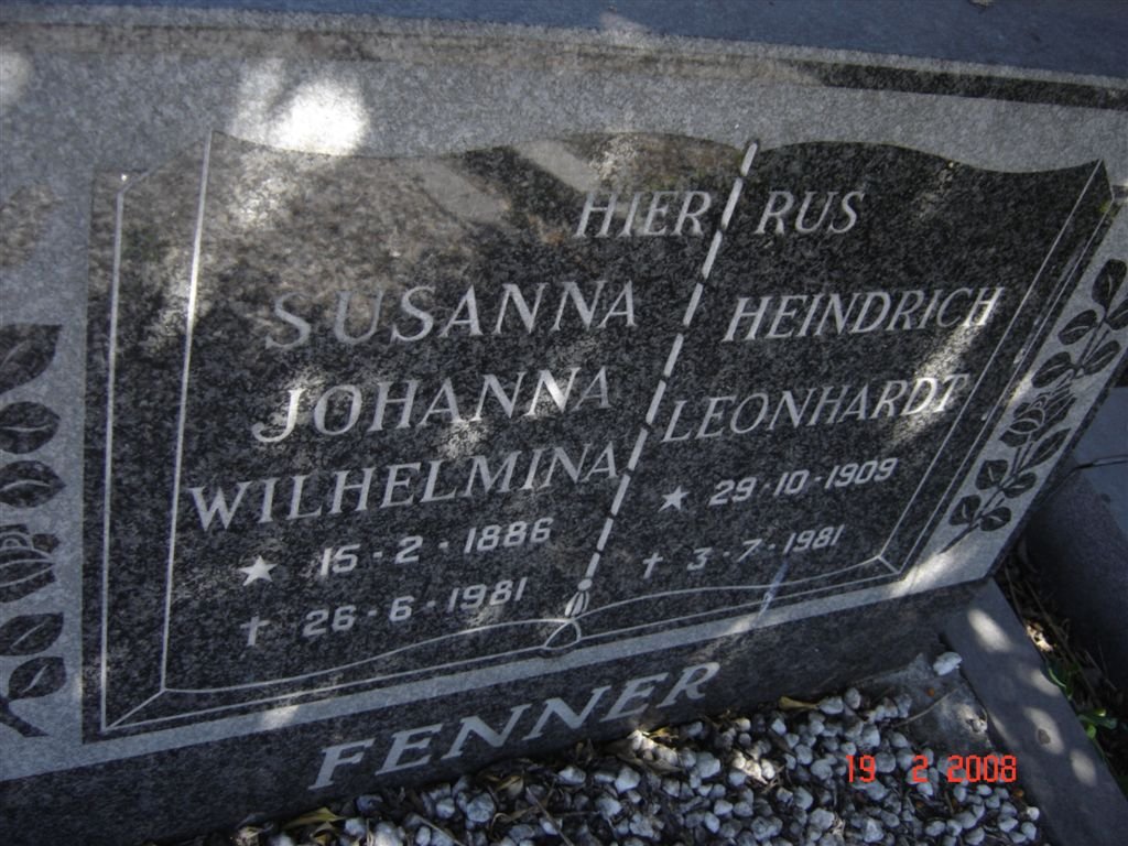 FENNER Heindrich Leonhardt 1909-1981 :: FENNER Susanna Johanna Wilhelmina 1886-1981