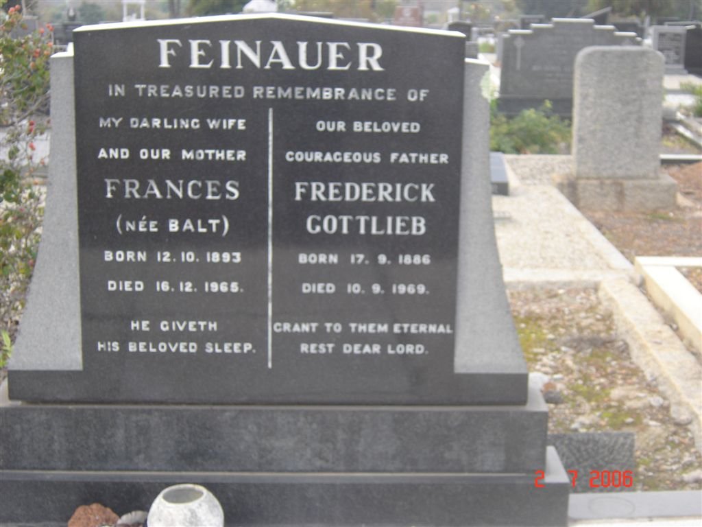 FEINAUER Frederick Gottlieb 1886-1969 &amp; Frances BALT 1893-1965