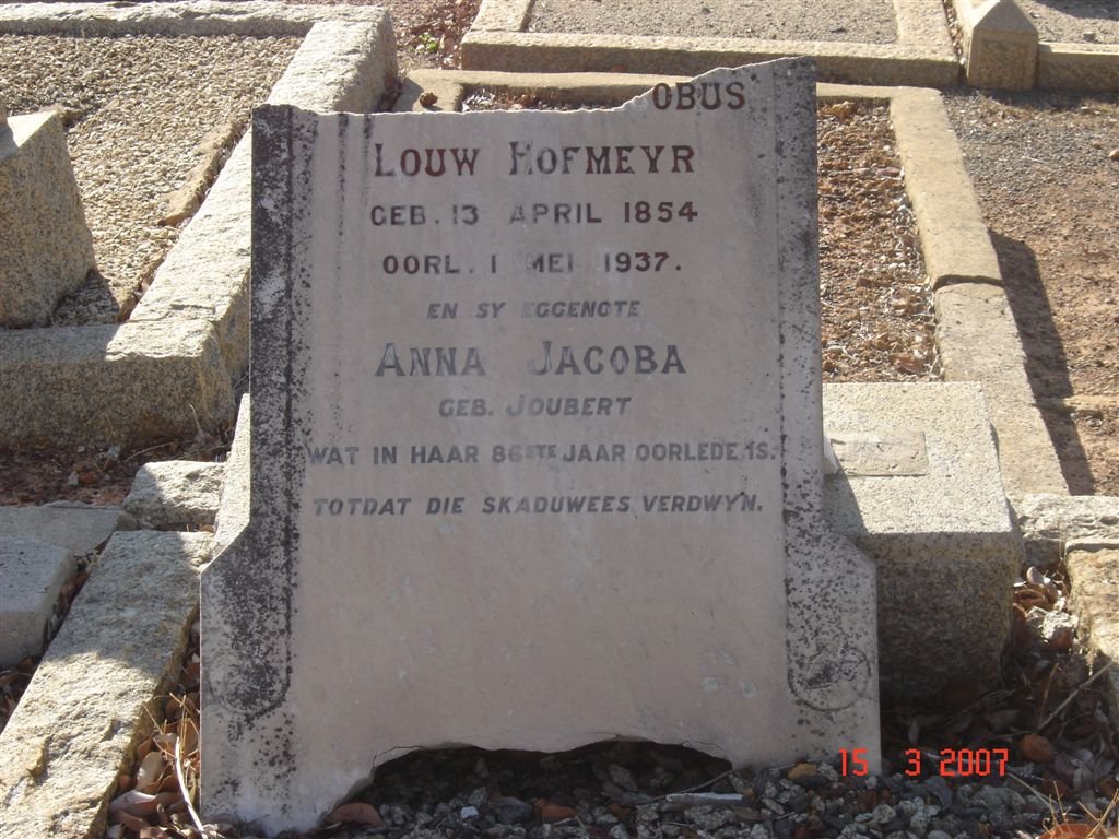 HOFMEYR ?Jacobus Louw 1854-1937 &amp; Anna Jacoba JOUBERT