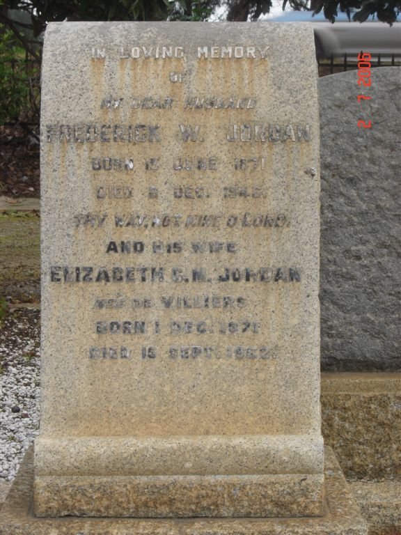 JORDAN Frederick W. 1871-1946 &amp; Elizabeth C.M. DE VILLIERS 1871-19?2