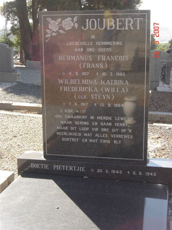 JOUBERT Hermanus Francois 1917-1985 &amp; Wilhelmina Katriena Fredericka STEYN 1917-1984 :: JOUBERT Pietertjie 1945-1945