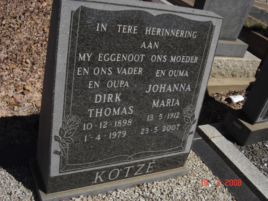 KOTZé Dirk Thomas 1898-1979 &amp; Johanna Maria 1912-2007
