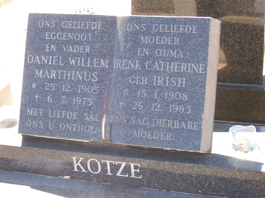 KOTZE Daniel Willem Marthinus 1905-1975 &amp; Irene Catherine IRISH 1908-1985