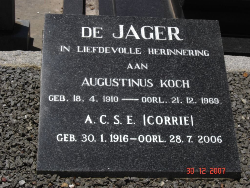 JAGER Augustinus Koch, de 1910-1969 &amp; A.C.S.E. 1916-2006