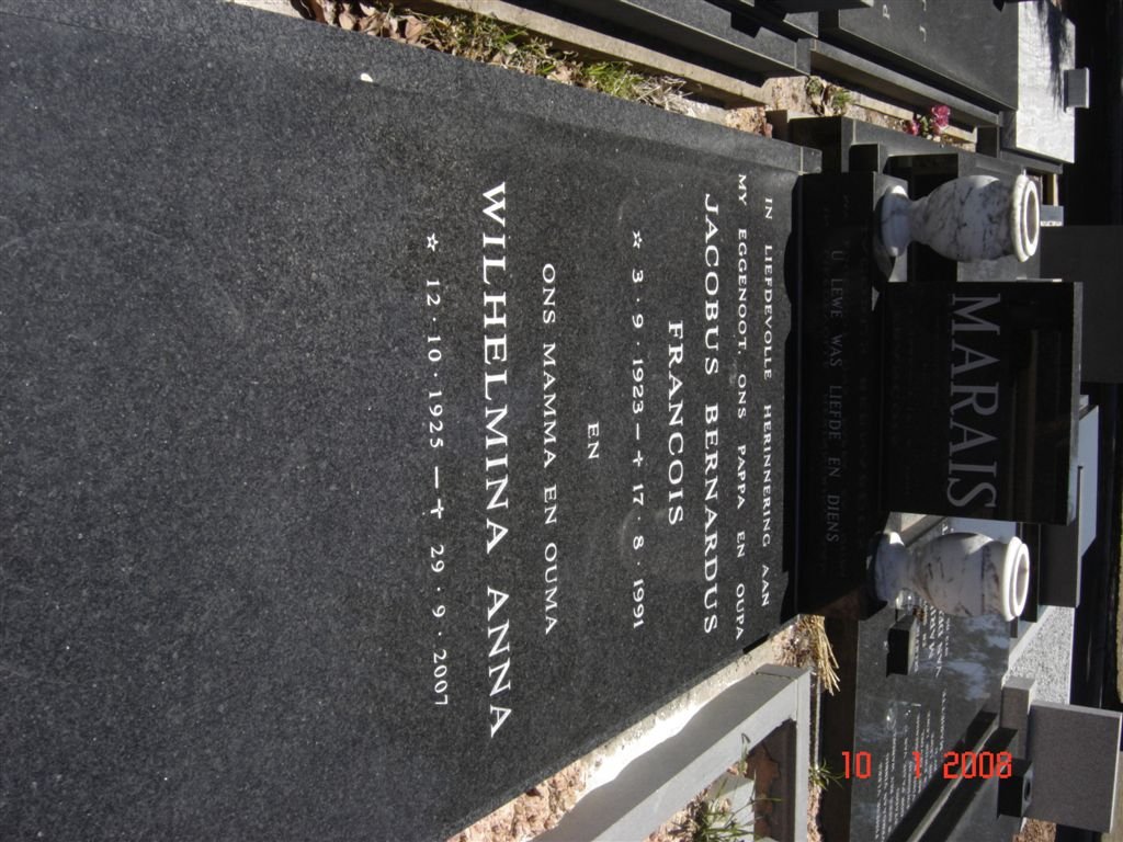 MARAIS Jacobus Bernardus Francois 1923-1991 &amp; Wilhelmina Anna 1925-2007