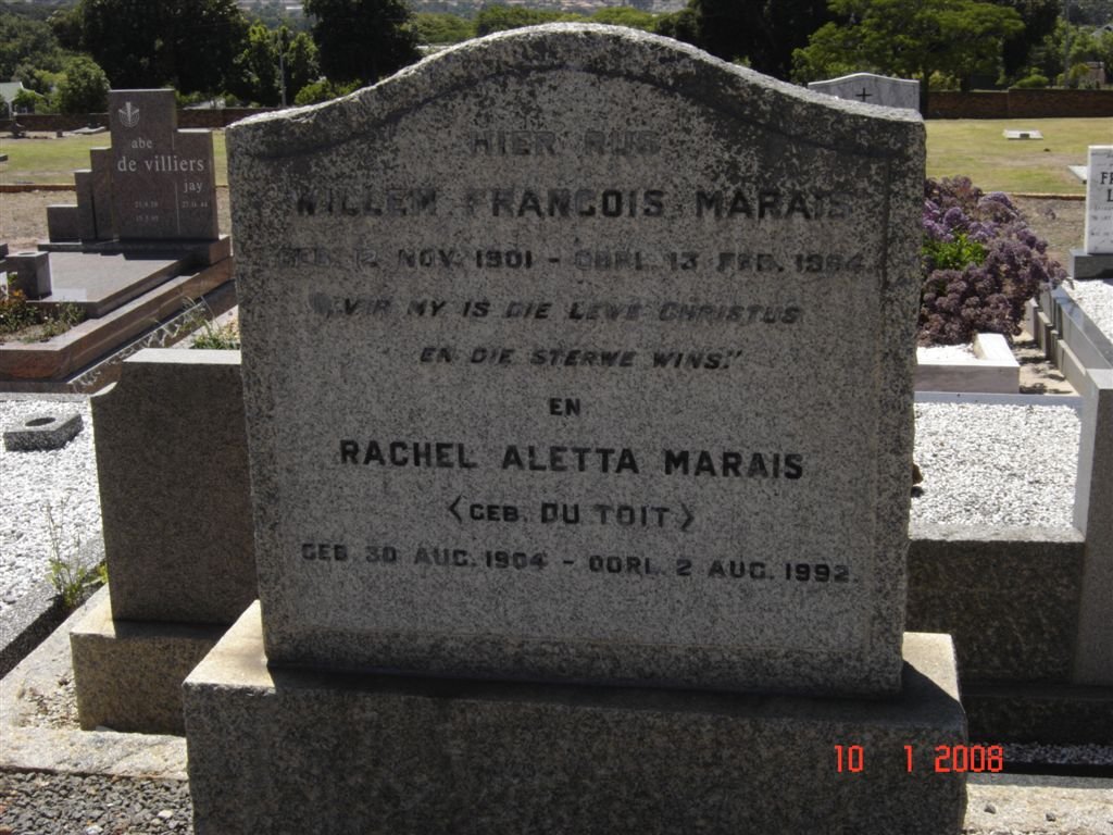MARAIS William Francois 1901-1964 &amp; Rachel Aletta DU TOIT 1904-1992