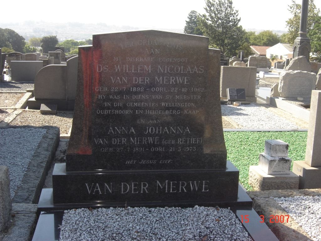 MERWE Willem Nicolaas, van der 1892-1962 &amp; Anna Johanna RETIEF 1891-1973