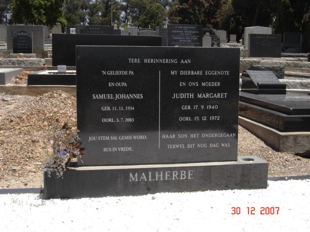 MALHERBE Samuel Johannes 1934-2003 &amp; Judith Margaret 1940-1972