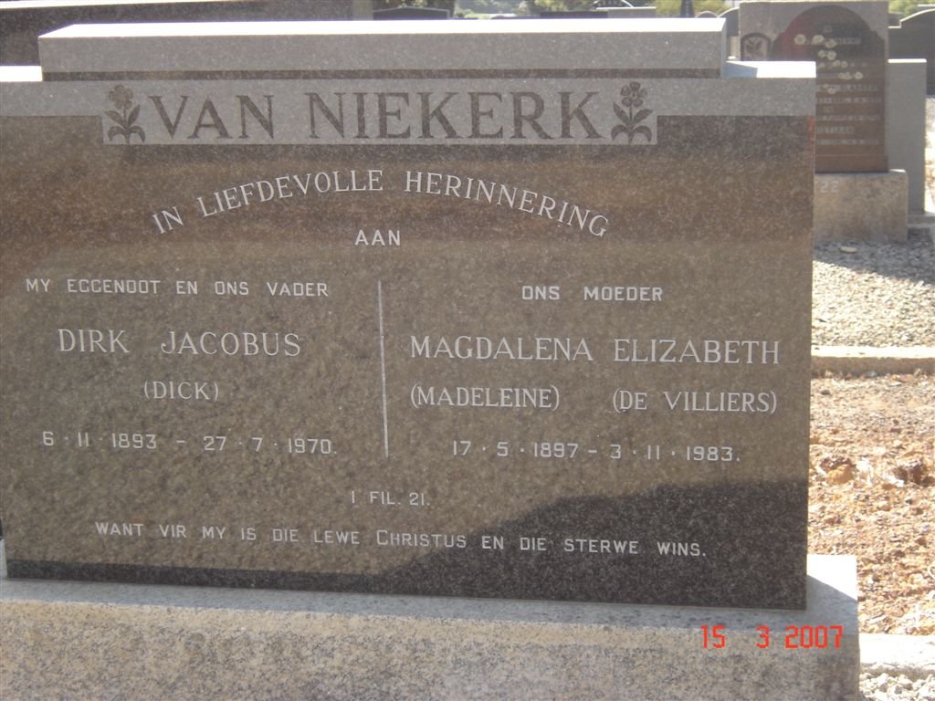 NIEKERK Dirk Jacobus, van 1893-1970 &amp; Magdalena Elizabeth DE VILLIERS 1897-1983