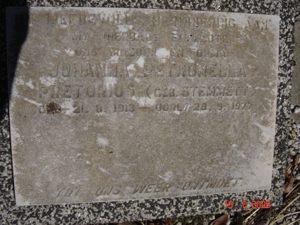 PRETORIUS Johanna Petronella nee STEMMETT 1913-1977