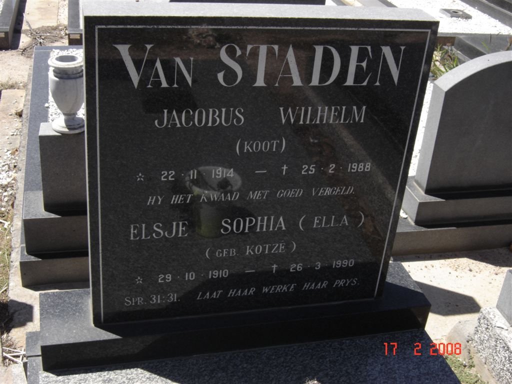 STADEN Jacobus Wilhelm, van 1914-1988 &amp; Elsje Sophia KOTZé 1910-1990