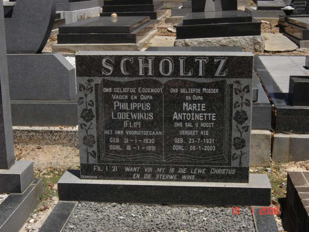 SCHOLTZ Philippus Lodewikus 1930-1991 &amp; Marie Antoinette 1931-2003