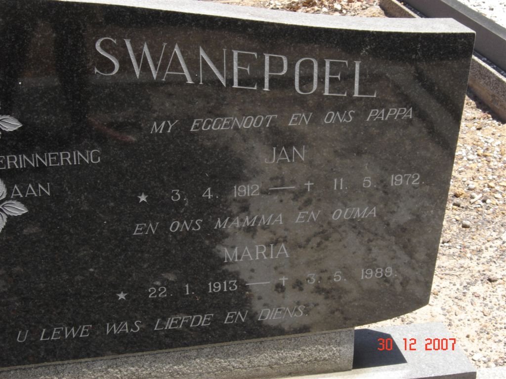 SWANEPOEL Jan 1912-1972 &amp; Maria 1913-1989