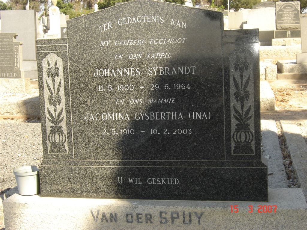 SPUY Johannes Sybrandt, van der 1900-1964 &amp; Jacomina Gysbertha 1910-2003