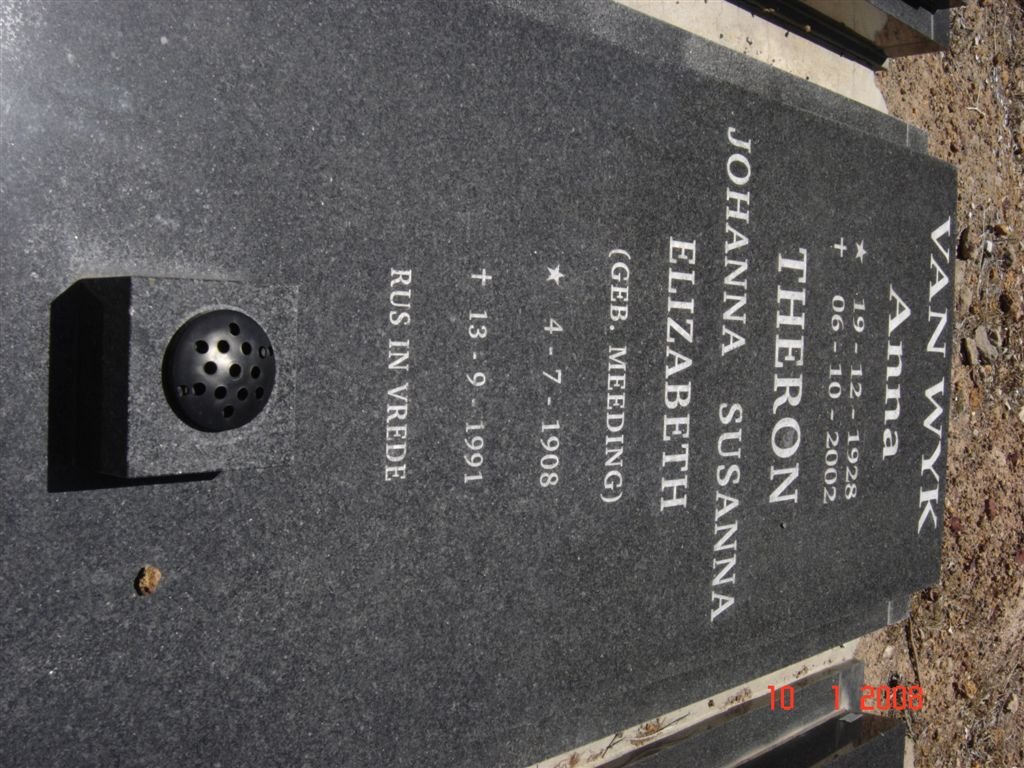 THERON Johanna Susanna Elizabeth nee MEEDING 1908-1991 :: VAN WYK Anna 1928-2002