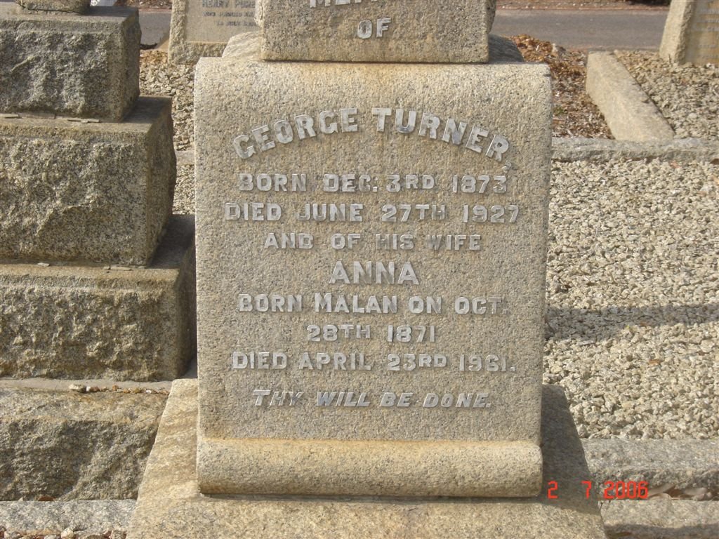 TURNER George 1873-1927 &amp; Anna MALAN 1871-1961