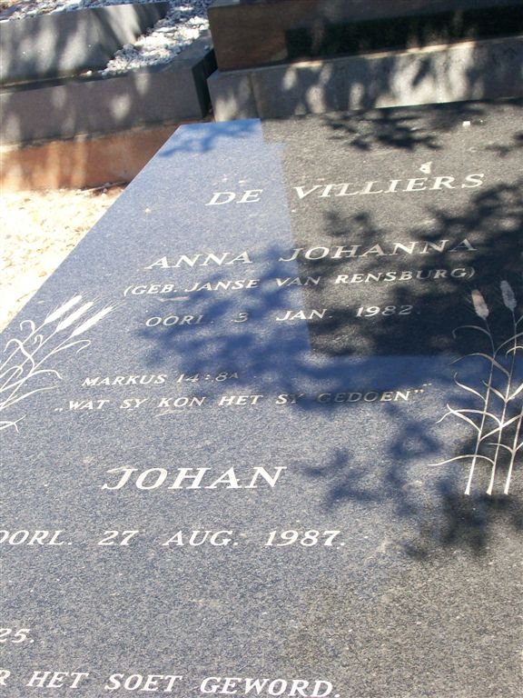 VILLIERS Johan, de -1987 &amp; Anna Johanna JANSE VAN RENSBURG -1982
