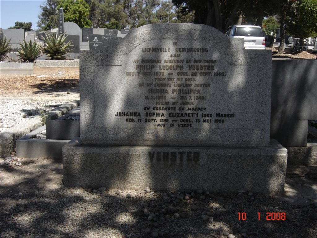 VERSTER Philip Ludolph 1879-1945 &amp; Johanna Sophia Elizabeth MAREE 1891-1958 :: VERSTER Mercia Phillippa 1926-194?