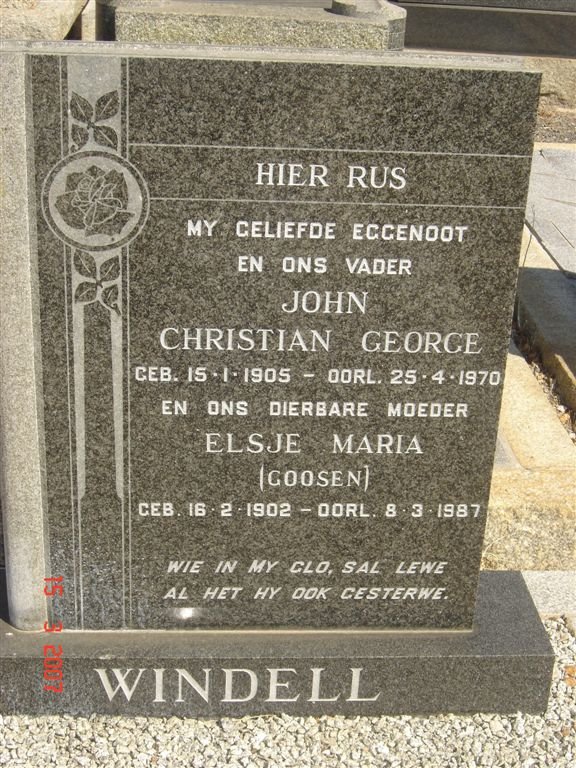 WINDELL Christian George 1905-1970 &amp; Elsje Maria GOOSEN 1902-1987