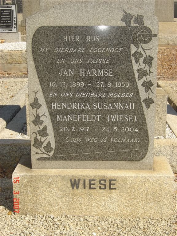 WIESE Jan Harmse 1899-1959 &amp; Hendrika Susannah MANEFELDT 1917-2004