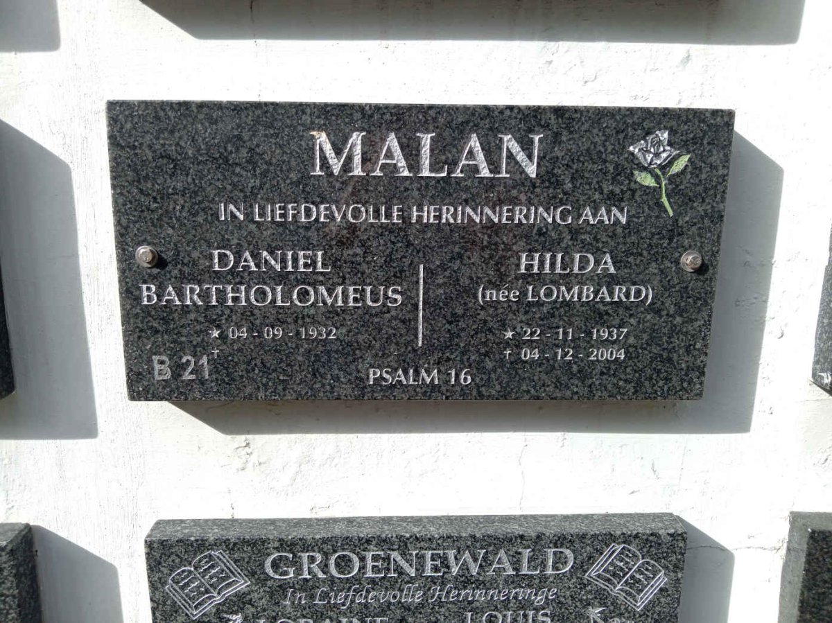 MALAN Daniel Bartholomeus 1932- &amp; Hilda LOMBARD 1937-2004