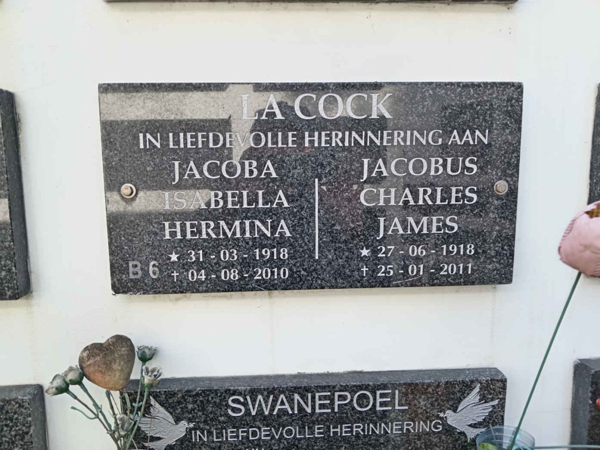 COCK Jacobus Charles James, la 1918-2011 &amp; Jacoba Isabella Hermina 1918-2010