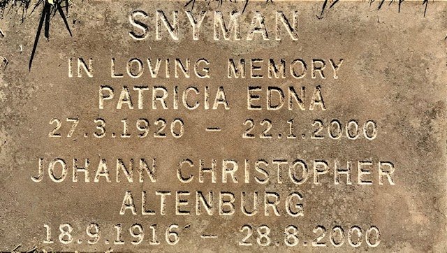 SNYMAN Johann Christopher Altenburg 1916-2000 &amp; Patricia Edna 1920-2000
