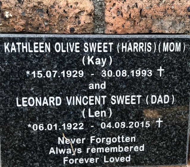 SWEET Leonard Vincent 1922-2015 &amp; Kathleen Olive HARRIS 1929-1993