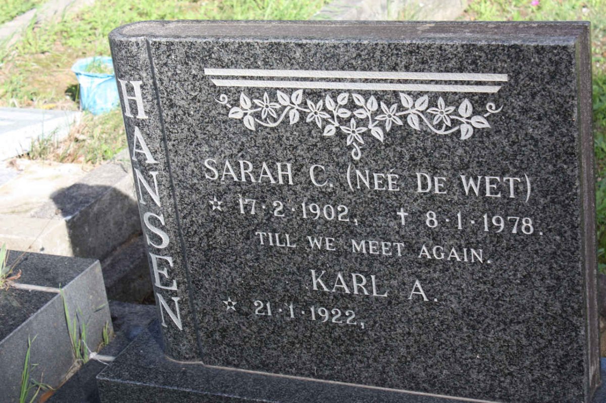 HANSEN Karl A. 1922-  &amp; Sarah C. DE WET 1902-1978