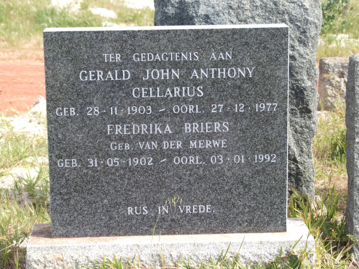 CELLARIUS Gerald John Anthony 1903-1977 &amp; Fredrika Briers VAN DER MERWE 1902-1992