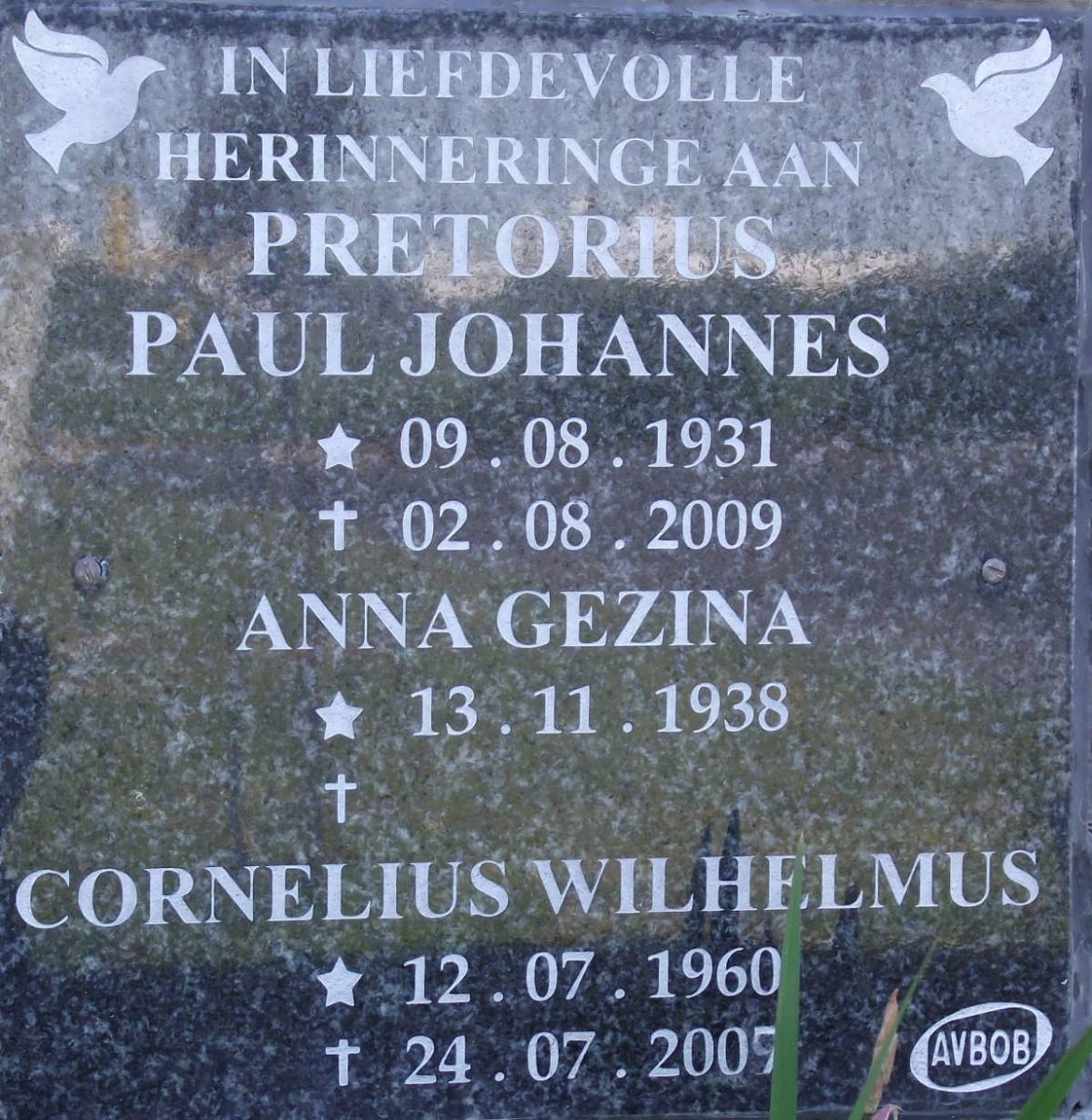 PRETORIUS Paul Johannes 1931-2009 &amp; Anna Gezina 1938- :: PRETORIUS Cornelius Wilhelmus 1960-2007