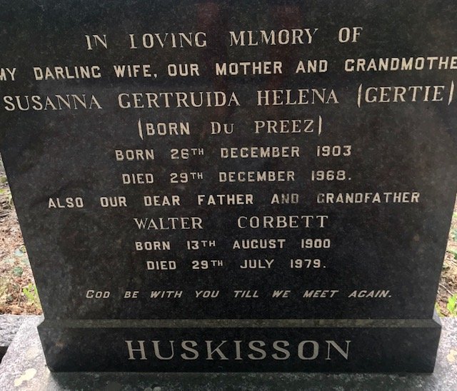 HUSKISSON Walter Corbett 1900-1979 &amp; Susanna Gertruida Helena Du PREEZ 1903-1968