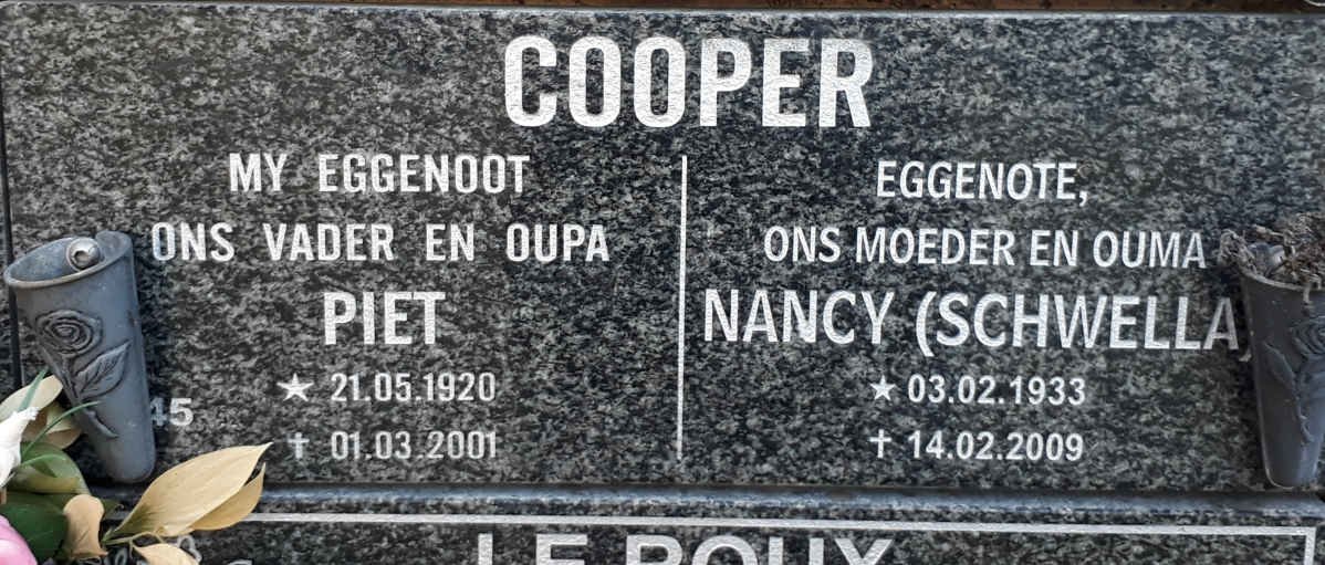 COOPER Piet 1920-2001 &amp; Nancy SCHWELLA 1933-2009