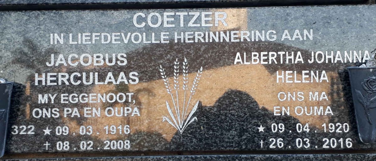 COETZER Jacobus Herculaas 1916-2008 &amp; Albertha Johanna Helena 1920-2016