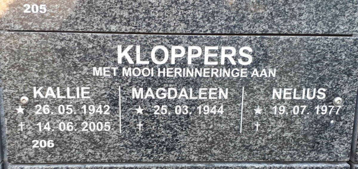 KLOPPERS Kallie 1942-2005 &amp; Magdaleen 1944- :: KLOPPERS Nelius 1977-