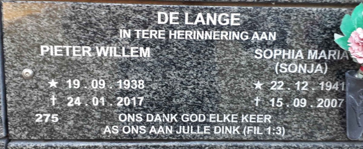 LANGE Pieter Willem, de 1938-2017 &amp; Sophia Maria 1941-2007